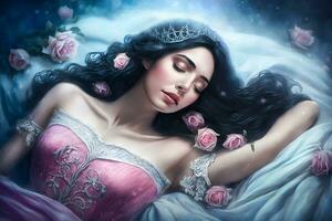 Fantasie Frau Schlafen Schönheit Lügen Schlaf mit Blumen. neural Netzwerk ai generiert foto