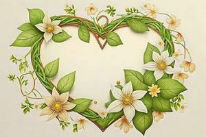 Herz gemacht von Blumen gegen Minze Grün Hintergrund. kreativ Frühling Idee. Blumen Herz. neural Netzwerk ai generiert foto