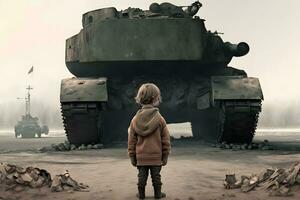 das Kind ist Stehen in der Nähe von das Panzer. neural Netzwerk ai generiert foto