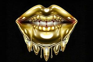 Gold Farbe von das Lippen. golden Lippen auf schön Modell- Mädchen Mund. bilden. Schönheit bilden schließen hoch. neural Netzwerk ai generiert foto