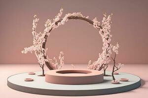 frisch üppig Rosa Sakura Blumen auf Ast mit Podium Attrappe, Lehrmodell, Simulation im Sanft Licht. neural Netzwerk ai generiert foto