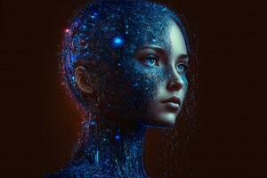 modern futuristisch weiblich Humanoid Roboter Porträt mit Technologie Einzelheiten auf Gesicht. neural Netzwerk generiert Kunst foto