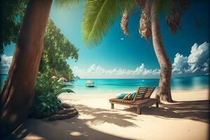 Luxus Strand mit Beruhige dich Salon Platz zum sich ausruhen Nächster zu Meer Ufer unter das Palme Bäume. neural Netzwerk generiert Kunst foto