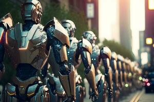 viele modern futuristisch männlich Humanoid Roboter mit Metall Outfit. neural Netzwerk generiert Kunst foto