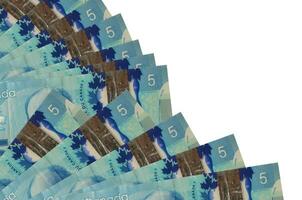 5 kanadische Dollar-Scheine liegen isoliert auf weißem Hintergrund mit Kopienraum, der in Fan-Nahaufnahme gestapelt ist foto