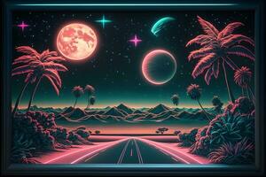 Synthwave Neon- Landschaft mit Palme Bäume und Sonnenuntergang. retro Stil Hintergrund. neural Netzwerk ai generiert foto