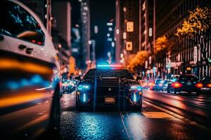 Blau Licht Blinker oben auf von ein Polizei Wagen. Stadt Beleuchtung auf das Hintergrund. neural Netzwerk ai generiert foto