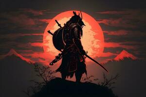 Samurai Krieger auf das Hintergrund von das Mond. Karikatur Fantasie. neural Netzwerk ai generiert foto