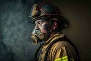 schließen oben Porträt von Gesicht Feuerwehrmann tragen schützend Uniform und ein schützend Maske. neural Netzwerk ai generiert foto