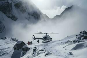 Rettung Hubschrauber fliegend im ein schneebedeckt Landschaft. neural Netzwerk ai generiert foto