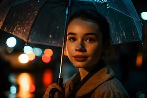 Porträt von ein Mädchen mit ein Regenschirm im das Regen. neural Netzwerk ai generiert foto