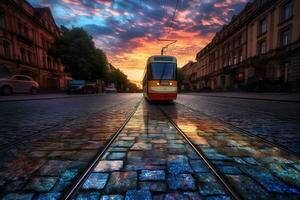 retro Straßenbahn im europäisch Stadt. neural Netzwerk ai generiert foto