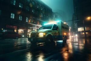 Krankenwagen geht auf das Nacht regnerisch Stadt. neural Netzwerk ai generiert foto