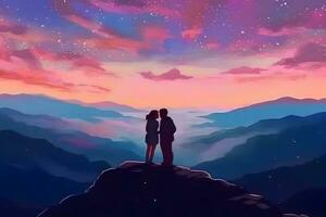 romantisch Nacht unter das Sterne und Mond Paar Anteile ein intim Kuss. neural Netzwerk ai generiert foto