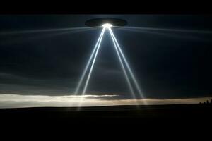 UFO, ein Außerirdischer Teller schweben Über das Feld, schweben bewegungslos im das Luft. neural Netzwerk ai generiert foto