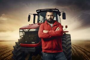 Farmer und landwirtschaftlich Traktor im das Feld. neural Netzwerk ai generiert foto