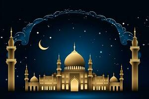 Ramadan kareem Hintergrund.Halbmond Mond beim ein oben von ein Moschee. neural Netzwerk ai generiert foto