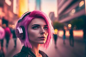 Porträt von jung Mädchen mit Rosa Haar Hören Musik- mit Kopfhörer auf Stadt Straße. neural Netzwerk generiert Kunst foto