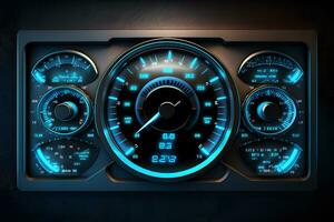 modern Luxus Sport Auto Geschwindigkeit Steuerung Instrumententafel mit Blau Licht. neural Netzwerk generiert Kunst foto
