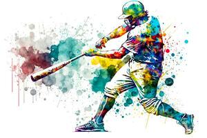 Baseball Spieler mit mehrfarbig Aquarell Spritzen, isoliert auf Weiß Hintergrund. neural Netzwerk generiert Kunst foto