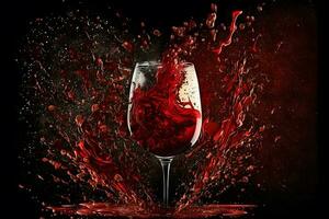Glas mit Spritzen von rot Wein auf schwarz Hintergrund. neural Netzwerk generiert Kunst foto