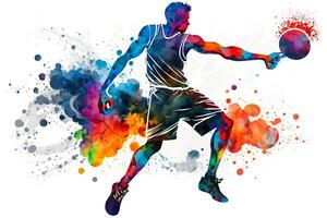 Basketball Aquarell Spritzen Spieler im Aktion mit ein Ball isoliert auf Weiß Hintergrund. neural Netzwerk generiert Kunst foto