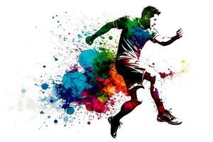 Fußball Fußball Spieler im Aktion mit Regenbogen Aquarell Spritzen. isoliert Weiß Hintergrund. neural Netzwerk generiert Kunst foto