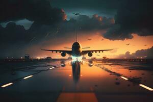 Sonnenuntergang Aussicht von Flugzeug auf Flughafen Runway unter dramatisch Himmel. neural Netzwerk ai generiert foto