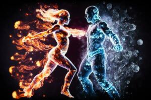 Feuer und Wasser im das bilden von Kampf Personen. Yin Yang Symbol. neural Netzwerk ai generiert foto