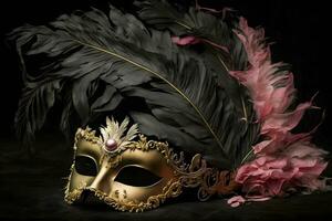 Karneval Zeit. venezianisch Maske mit Gefieder auf schwarz Hintergrund, neural Netzwerk ai generiert foto