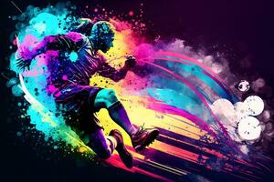Fußball Spieler Tritte das Ball gegen das Hintergrund von mehrfarbig Abstraktion. neural Netzwerk ai generiert foto