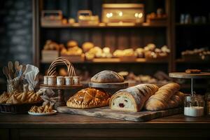 Bäckerei Produkt Sortiment mit Brot Brote, Gebäck, Rollen und dänisch Gebäck. neural Netzwerk ai generiert foto