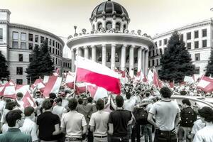 Menge von Menschen mit Plakate und Flaggen Stehen im Vorderseite von Parlament Gebäude während Post Wahl Protest. neural Netzwerk ai generiert foto