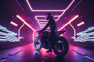 futuristisch Biker auf ein Retrowave Sonnenuntergang mit ein Panne und schnelle Geschwindigkeit Wirkung. neural Netzwerk ai generiert foto