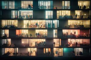 Stadt Nacht Landschaft. Wohn Hochhaus Gebäude mit Licht. neural Netzwerk ai generiert foto