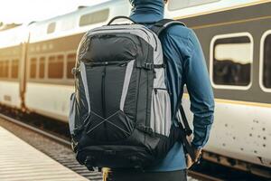 Tourist Backpacker zu Reise beim Zug Bahnhof. neural Netzwerk ai generiert foto