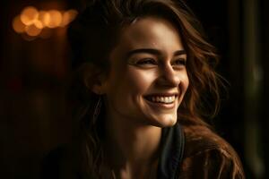Porträt von ein glücklich Mädchen mit ein lächeln. neural Netzwerk ai generiert foto
