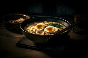 japanisch Ramen Suppe mit Huhn, Ei, Schnittlauch und sprießen auf dunkel hölzern. neural Netzwerk ai generiert foto