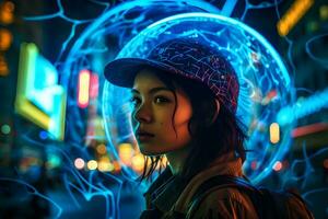 Cyber Mann im das Neon- Stadt von das Zukunft. neural Netzwerk ai generiert foto