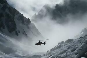 Rettung Hubschrauber fliegend im ein schneebedeckt Landschaft. neural Netzwerk ai generiert foto