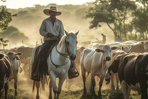 Porträt Senior Mann im Cowboy Hut zu Pferd Reiten auf Berg Pfad. neural Netzwerk ai generiert foto