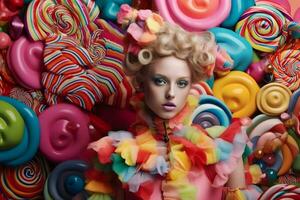 Mädchen Süss Süßigkeiten modern Stil. neural Netzwerk ai generiert foto
