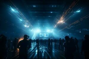 Silhouette im Rave Nacht Verein unter Blau Strahlen Balken genießen beim Konzert. neural Netzwerk ai generiert foto