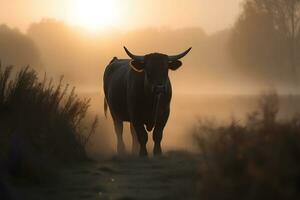 Stier im das wild, Landschaft mit Sonnenuntergang oder Sonnenaufgang. neural Netzwerk ai generiert foto