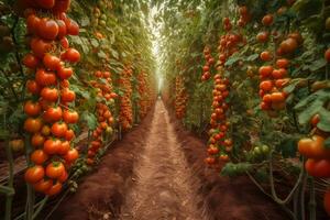 wachsend Tomaten im ein Gewächshaus. neural Netzwerk ai generiert foto