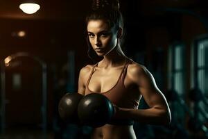 Porträt von ein Athlet Mädchen im das Fitnessstudio. neural Netzwerk ai generiert foto