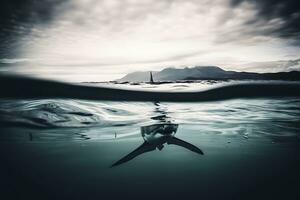 großartig Weiß Hai posieren im das tief Blau Wasser. neural Netzwerk ai generiert foto