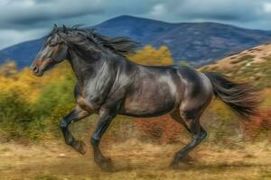 jung braun Pferd galoppieren, Springen auf das Feld auf ein neutral Hintergrund. neural Netzwerk ai generiert foto