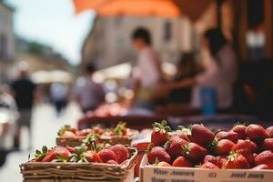 Ernte Erdbeeren. Verpackung Erdbeeren im Kisten zum Verkauf. neural Netzwerk ai generiert foto