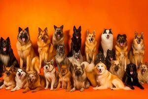 ein Gruppe von Hunde auf ein Orange Hintergrund. neural Netzwerk ai generiert foto
